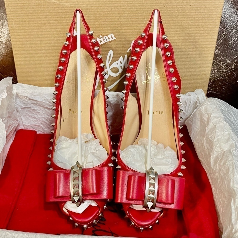 Christian Louboutin Red Patent Studded Bow Pointed-Toe Pumps